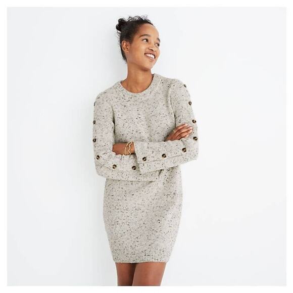 Madewell Donegal Button Sleeve Sweater Dress Knit Cream Speckled H3614 Medium - Picture 2 of 10